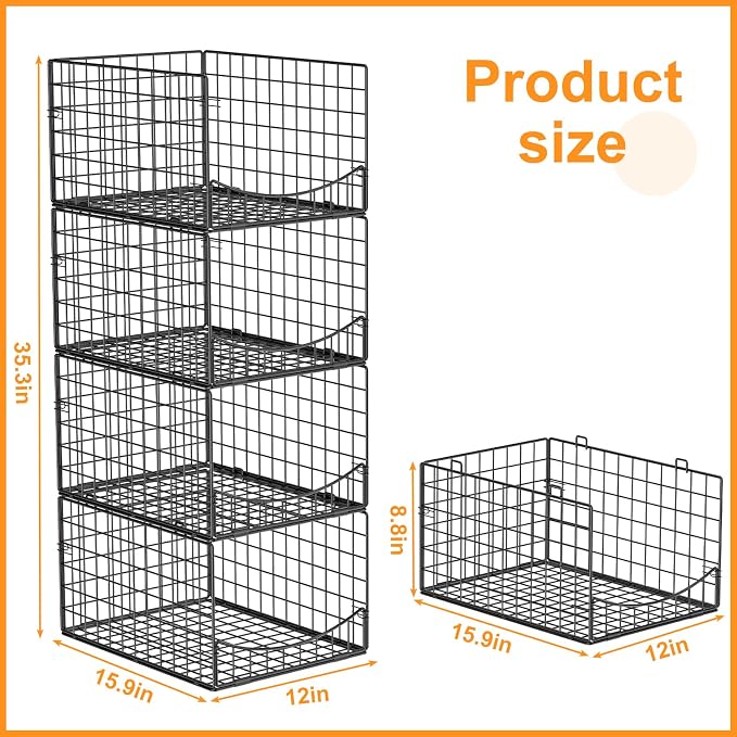 Hongtamoya 4-Tier Stackable Closet Organizers and Storage Shelves, Clothes Storage Basket, Clothes Shelf Organizer Sweater Organizer Bins Container for Wardrobe Kitchen Bathroom Office, Black