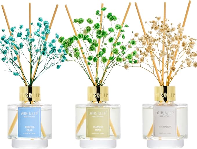Reed Diffuser Set of 3, Jasmine Mint Gardenia Freesia Pear Oil Reed Diffusers for Bedroom Living Room Office Aromatherapy Oil Reed Diffuser for Gift 50ml x 3