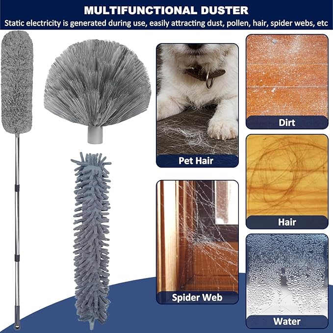 20+ Feet High Reach Duster Kit with 3-14 ft Extension Pole for Cleaning Fan, Spider Web, High Ceiling, Blinds, Furniture, Cars - Cobweb Microfiber Duster // Outdoor & Indoor Extendable Duster