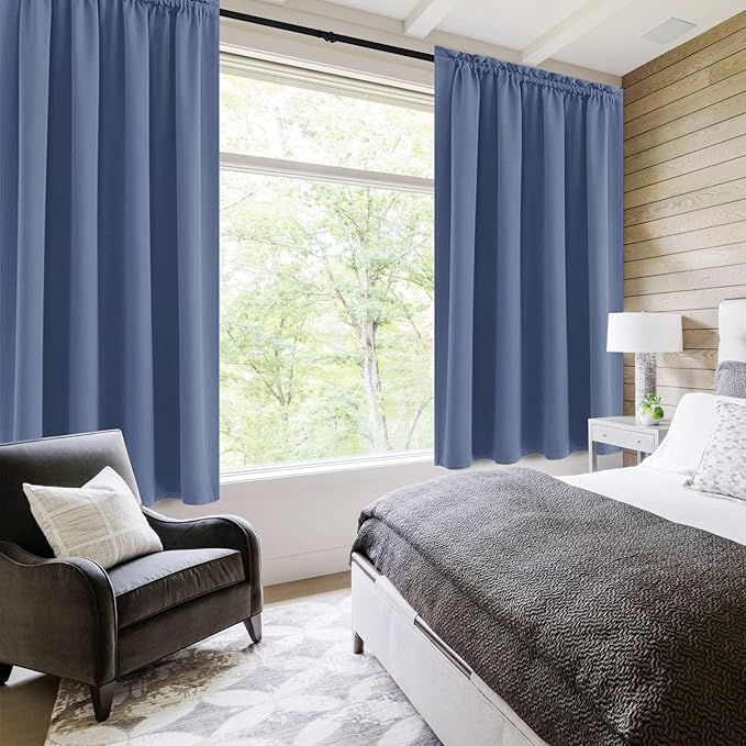 DWCN Blackout Curtains – Thermal Insulated, Energy Saving & Noise Reducing Bedroom and Living Room Curtains, Dusty Blue, W 52x L 45 Inch, Set of 2 Rod Pocket Curtain Panels