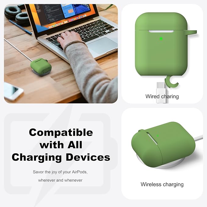 R-fun for AirPods 1/2 Case, Soft Silicone Protective Cover with Keychain and Cleaning Pen, Compatible with AirPods 2nd/1st Generation (2016/2019), Full Drop Protection Cover, Grass Green