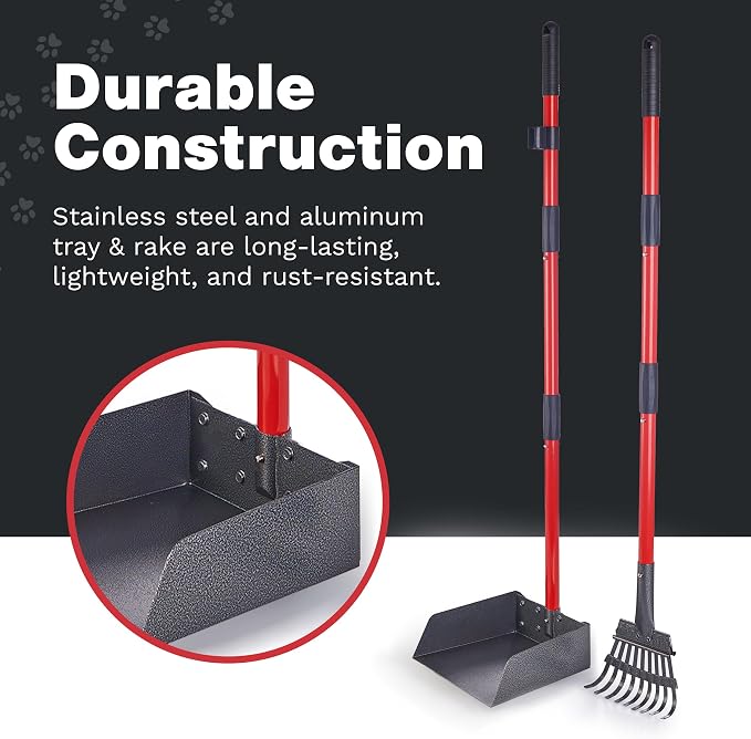 Pawler Pooper Scooper for Dogs with Long Handle Rake & Tray, Heavy Duty | Pawler Rustproof Aluminum Poop Scooper Set with 36+" Handles for Yard, Grass, Dirt & Gravel