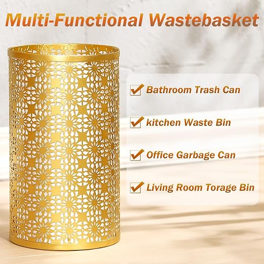 Small Gold Trash Can, Decorative Floral Waste Basket with Perforated Design, Elegant Gold Garbage Can for Bathroom, Bedroom, Office and Kitchen, 7" W X 7" L X 12" H