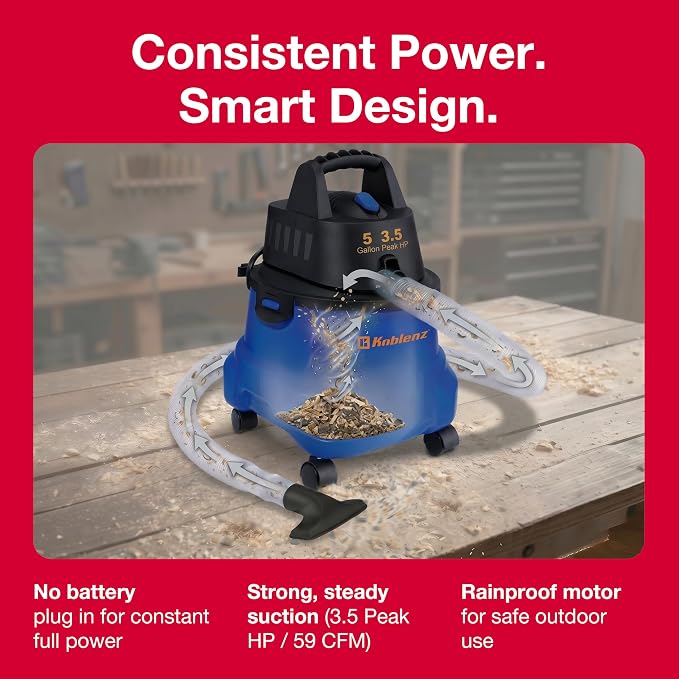 Koblenz WD-5 L2 Wet Dry Vacuum Cleaner, Blower, Shop Vac 3.5 PHP, 5 Gallon | 3-in-1 Suction & Blower, Swivel Casters, Twist-N-Lock Hose, Large Vacuum Cleaners for Home, Workshop, Car, Blue/Black