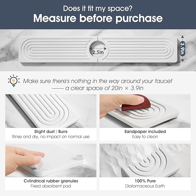 Quick Drying Stone Faucet Mat for Kitchen Sink - Diatomite Sink Mat Absorbing Stone Tray for Bathroom Counter, Sink Faucet Splash Guard Water Protector Matt for Kitchen Counter(White, 20" x 3.9")