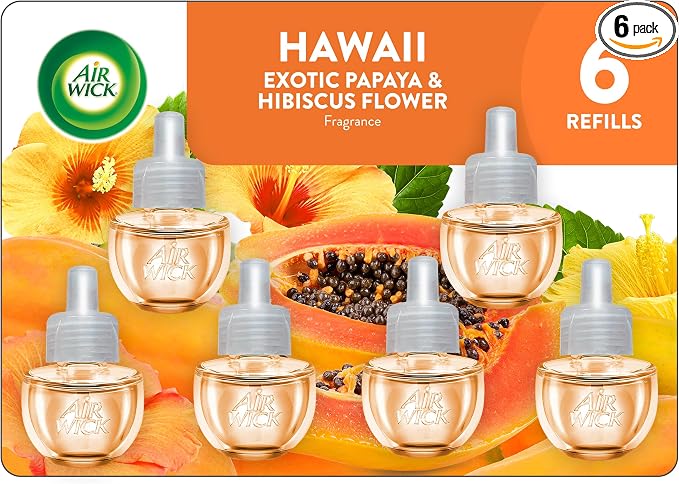 Air Wick Plug-In Scented Oil Refills, 6 Count, Hawaii Exotic Papaya and Hibiscus Flower, Air Freshener, Essential Oils