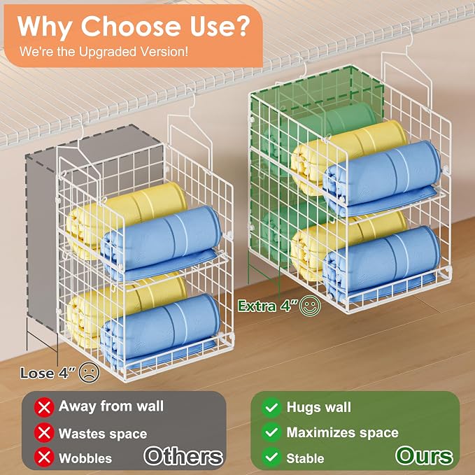 8-Tier Extended Depth Hanging Closet Organizers and Storage for Closet System, Stackable Closet Shelves with 4 Adjustable Dividers for Clothes Sweaters Purses, Wire Hanging Basket Fits Closet Laundry