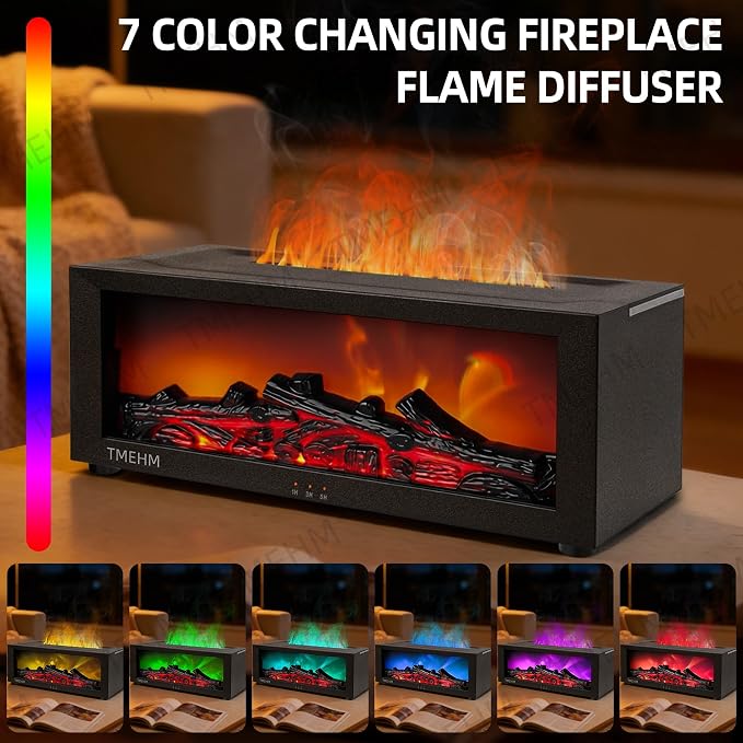 TMEHM Fireplace Flame Essential Oil Diffuser Humidifier, Aromatherapy | Ultrasonic Mist with 7 Colors and Timer for Home, Bedroom, Office, and Yoga