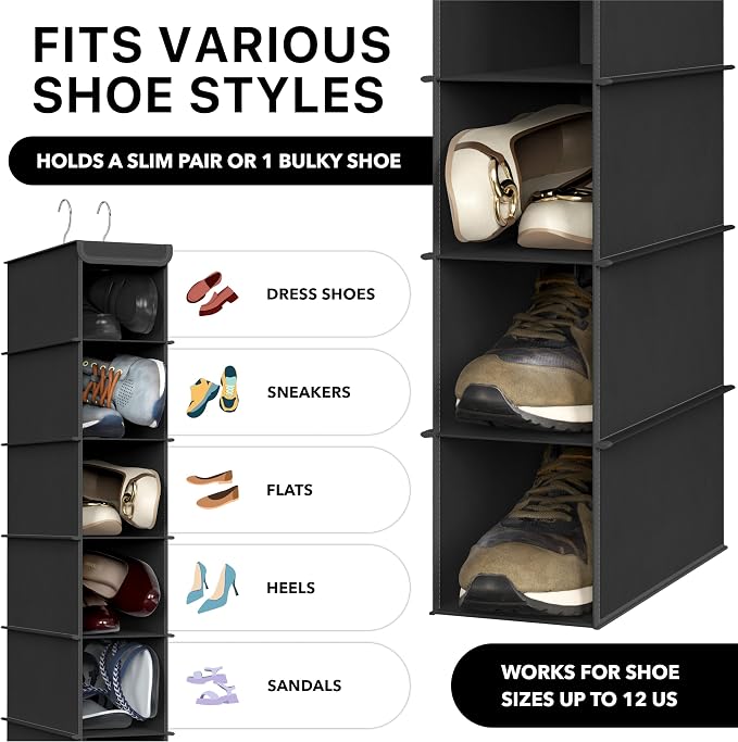Simple Houseware 10 Shelves Closet Hanging Shoe Organizer, Black | Dual Metal Hooks, Holds Up to 20 lbs, for Narrow Space