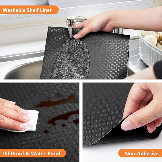 Shelf Liners for Kitchen Cabinets Refrigerator Liners Waterproof & Oil-Proof Kitchen Cupboard Liner Durable Drawer Mats EVA Material Non Adhesive Fridge Liner for Shelves - Black 23.6 x 236.2 Inches