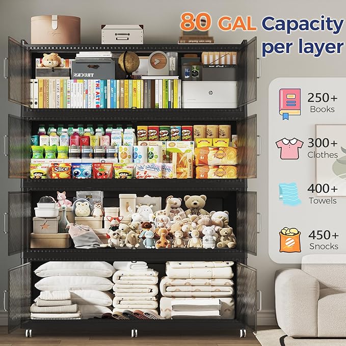 320GAL Extra Large Storage Bins with Lid, 1280QT Collapsible Organizer with Wheels, Stackable Closet Cabinet with Doors, Folding Storage Containers for Home, Office, Dorm, 4Pack Black