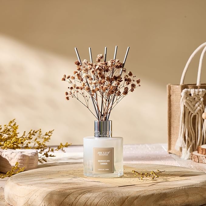 Reed Diffuser Set,3.38 fl oz (100 ml) - Moroccan Amber Oil Diffusers with 8 Reed Sticks, Home Fragrance Reed Diffuser for Bathroom Shelf Decor