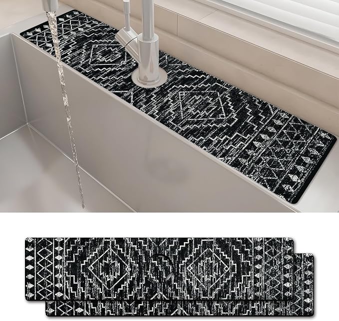 2PCS 24" X 5.5" Kitchen Sink Splash Guard Faucet Mat Aztec Super Absorbent Fast Drying Faucet Guard & Draining Mat Sink Splash Guard Behind Faucet for Kitchen, Bathroom