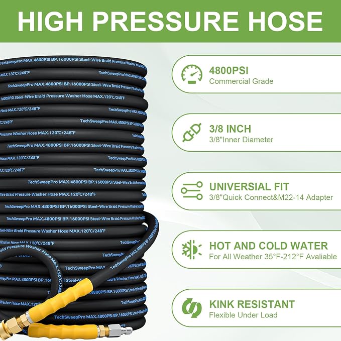 3/8" 4800PSI Pressure washer hose 100ft for cold and hot water Max 248°F with 3/8"quick connect Kink resistant Steel Wire Braided Power Washer Hose with M22 14mm Adapter,Blue