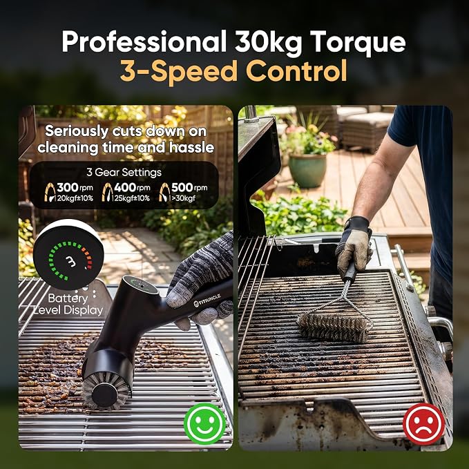 Electric Grill Cleaner Brush for Outdoor Grill with SS Rotary Head, 3 Speed | Portable BBQ Grill Cleaning Brush, 500RPM Motor| 120Mins Runtime|No Bristle Shedding|Replaceable Brush Set, Gifts for Men/Dad
