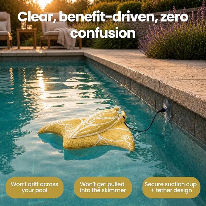 Swimming Pool & Swim Spa Scum Absorber - Yellow Oil Absorbing Stingray, Floating Pool Cleaner for Inground & Above Ground Pools, Keeps Water Clear, Machine Washable