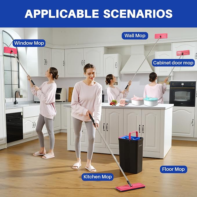 JOYMOOP Flat Mop Replacement Set, Microfiber Cleaning Tool with 60" Handle and Flexible 13" Head, Black & Red, for Floor and Wall Cleaning