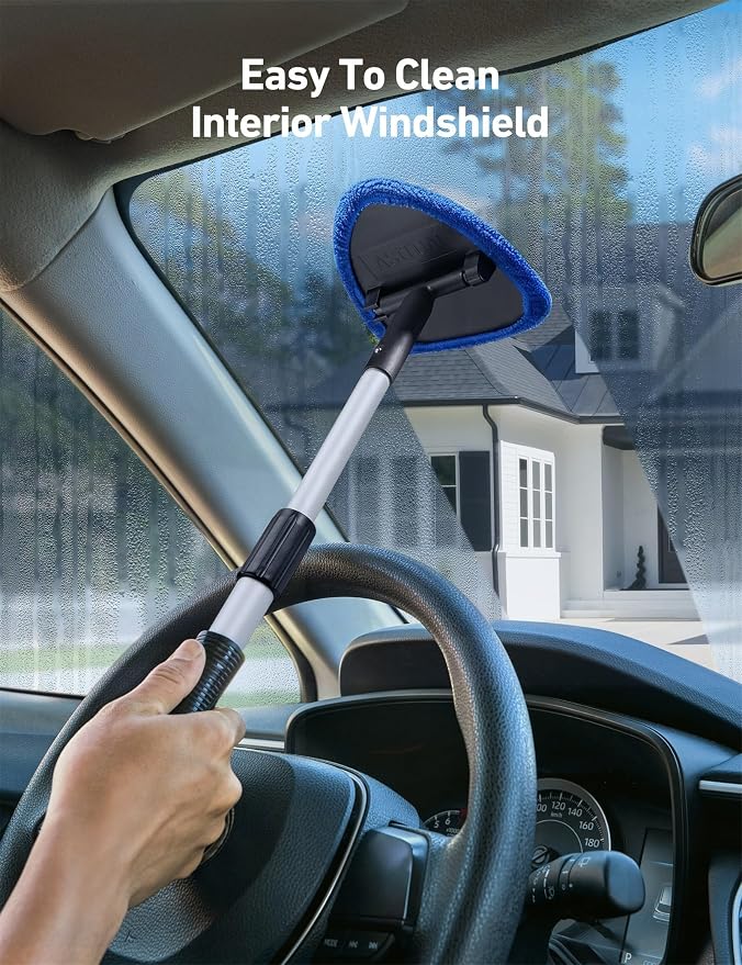 Windshield Cleaning Tool with Extendable Handle, Car Interior Window Cleaner Kit with 4 Reusable Microfiber Pads, Inside Windshield Cleaner for Auto & Home Glass
