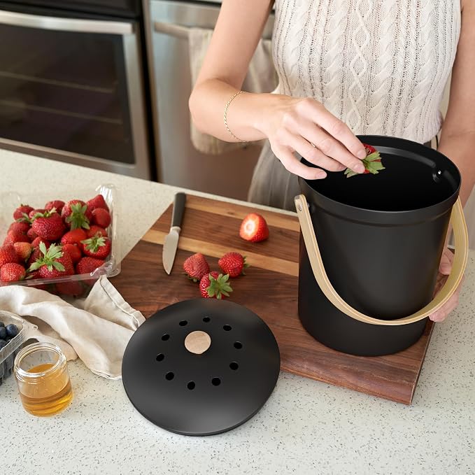 Beautiful Kitchen Compost Bin with Smell Proof Lid - Rust Proof and Odorless Compost Bucket for Your Countertop with No Smell Filters - Easy to Clean 1.1 Gallon Bin Looks Great On Any Kitchen Counter