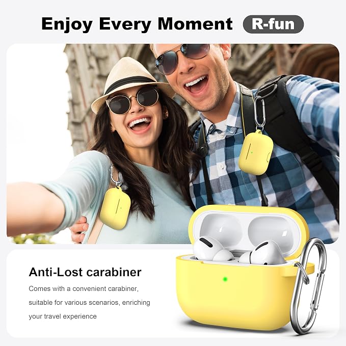R-fun for AirPods Pro 2 Case, Soft Silicone Protective Cover with Keychain and Cleaning Pen, Compatible with AirPods Pro 2nd/1st Generation, Supports Wireless Charging, Yellow
