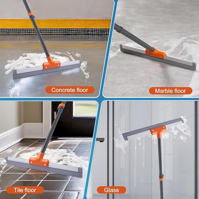 CLEANHOME Rubber Floor Squeegee with Extendable Long Handle | Concrete Floor, Tile Floor, Metal Aluminium Head, Heavy Duty Garage Shower Floor Squeegee Broom for Removing Water