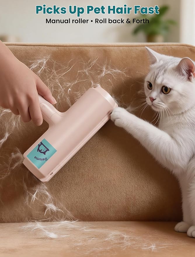 DELOMO Pet Hair Remover Roller, Reusable Lint Roller for Dog and Cat Hair | Portable Pet Hair Roller with Large Fur Bin, Fast Cleaning for Couches, Bedding, Rugs, Car Seats and Furniture, No Batteries