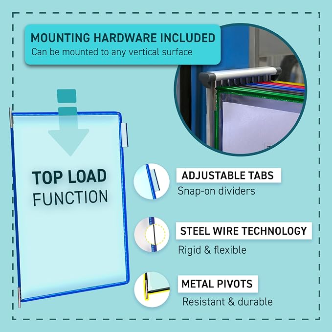 Tarifold Wall Mount Reference System, 10 Pockets, A3 Size, Assorted Colors | 10 double-sided PVC pockets hold 20 A3 sheets, sturdy wall-mount bracket, snap-on index tabs, easy to install