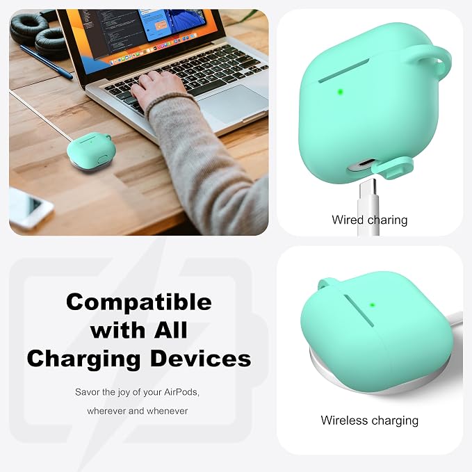 R-fun Compatible with AirPods 3 Case Cover, Silicone Protective Accessories Skin with Keychain Compatible with Apple AirPod 3rd Generation 2021 for Women Men Girls Boys,Front LED Visible,Mint Green