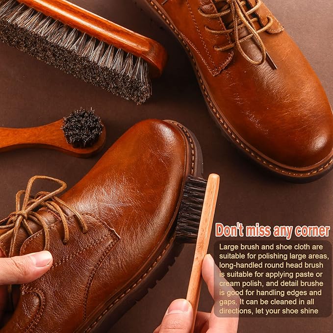 7 Pcs Horsehair Shine Shoes Brush Kit Polish Dauber Applicators Cleaning Leather Shoes Boots Care Brushes Suede Cleaner Brush with Microfiber Shoe Cloth(7 Pcs Style C)
