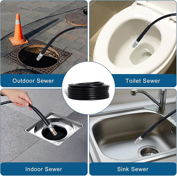 50FT Sewer Jetter Kit for Pressure Washer 5800PSI Drain Cleaner | 1/4" NPT Hose with 4 Jetting Nozzles Handle Strap Waterproof Tape and Spanners for Drain Cleaning