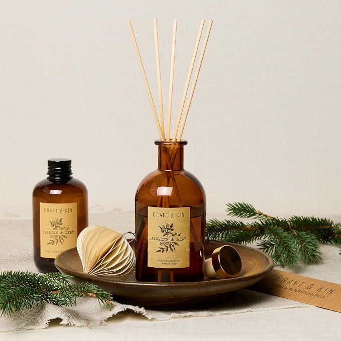 Craft & Kin Lily & Jasmine Reed Diffuser – 5.75 oz Essential Oil Diffuser for Home & Bathroom – Up to 120-Day Fragrance with 8 Rattan Scent Sticks – Amber Glass Room Decor