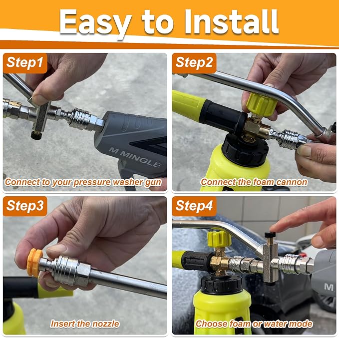 M MINGLE Pressure Washer Gun with Foam Cannon & Dual Connector Accessory | Car Wash Foam Gun Kit with 1/4 Inch Quick Connector, 5 Pressure Washer Nozzle Tips