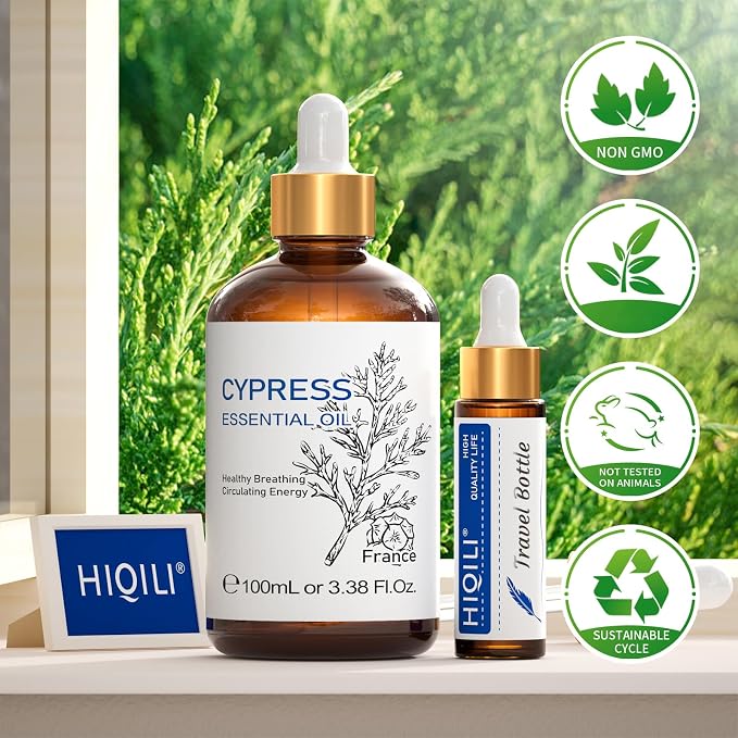 HIQILI Cypress Essential Oil for Diffuser, Humidfier, Skin Care | Aromatherapy, DIY soap and candle, relaxing mood, include 10ml travel bottle - 100ml / 3.38 Fl Oz