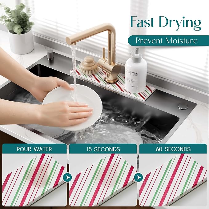 Stone Faucet Mat for Kitchen Sink, Diatomite Drying Stone Mat for Kitchen Counter, Prevent Moisture – Sink Splash Guard for Holiday Gift Home Decor (Red/Green, 15.7''x3.9'')