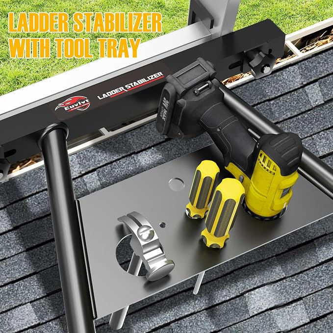 Extension Ladder Stabilizer, Extended Ladder Standoff with Tool Tray | Lightweight Aluminum Ladder Accessory for Roof Gutters, Walls ＆ Windows, Anti-Slip Rubber Feet, Adjustable Length 22 - 29.5"