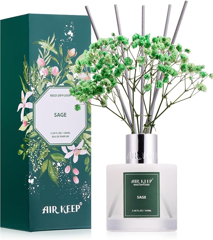 Reed Diffuser Set, 3.38 fl oz (100 ml) - Sage Lemon Oil Diffusers with 8 Reed Sticks, Home Fragrance Reed Diffuser for Bathroom Shelf Decor