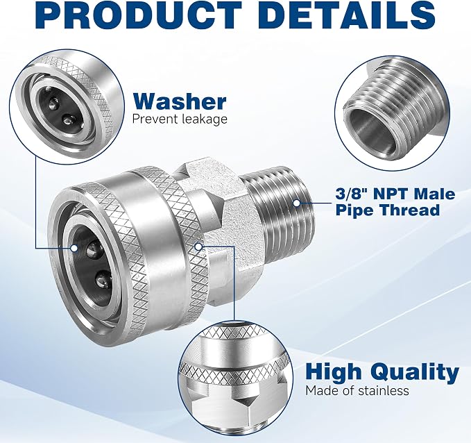 3/8 Inch NPT Pressure Washer Quick Connect Adapter Set, 12-Piece | Stainless Steel Male Thread Fittings for Compatible Hose, Gun, Wand and Surface cCeaner Connections, Rated Up to 5000 PSI
