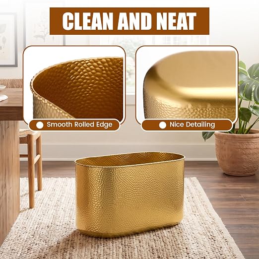 Gold Metal Oval Trash Can Wastebasket for Bathroom, Decorative Garbage Can Trash Bin for Kitchen Bedroom Home Office, Stainless Steel (12.6 x 7.09 x 6.3 Inches)