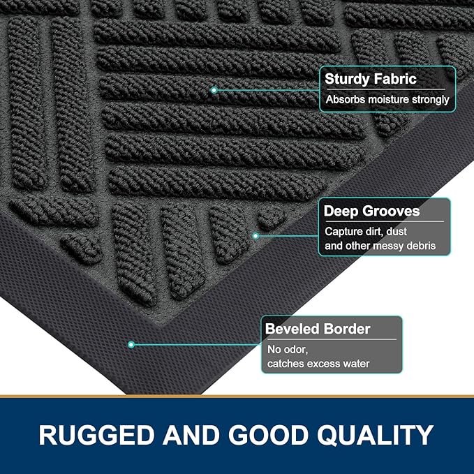 Smiry Front Door Mat Outside Entrance, Heavy Duty Outdoor Indoor Natural Rubber Doormat, Non Slip, Trap Dirt and Moisture, Easy Clean, Low Profile Patio Porch Entryway Mat, 47x17, Black