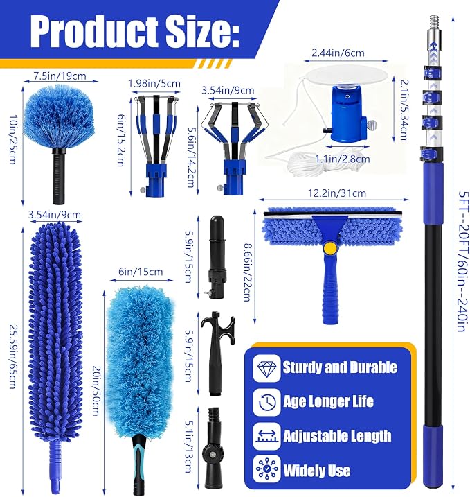 26FT Light Bulb Changer Kit with Ceiling Fan Cleaner Extension Pole Blue | Telescoping Lightbulb Changing Pole,Cobweb Brush Extendable Duster,Spider Web Brush and Window Squeegee Cleaning