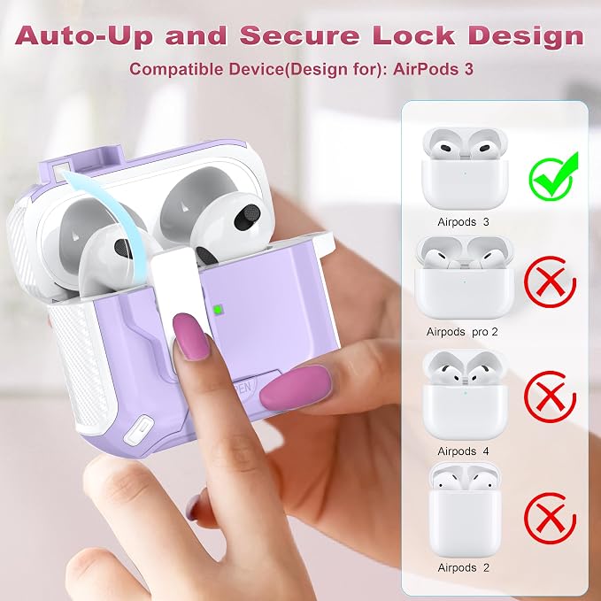R-FUN for AirPods 3 Case with Lock Phone Stand Magnetic Lid, White+Pur | Compatible with Apple AirPods 3rd Generation (2019) Case with Cleaner Kit & Carabiner, Powerful Drop Protection