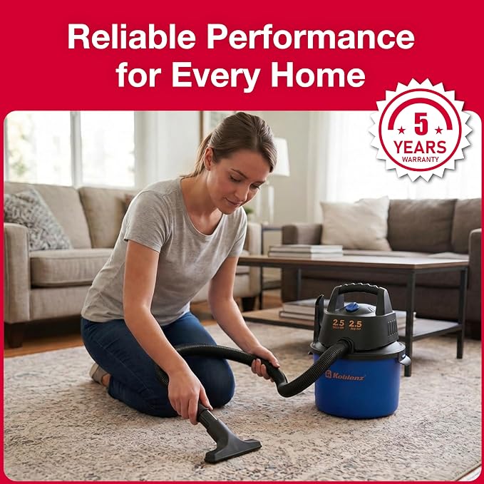 Koblenz WD-2.5L Wet Dry Vacuum Cleaner, Accessories Included, 2.5 PHP | 60 CFM, 10 Ft Reach, Twist-N-Lock Hose, Wall Mount, Small Shop Vac, Portable Shop Vac for Home Car Garage, Blue/Black, WD
