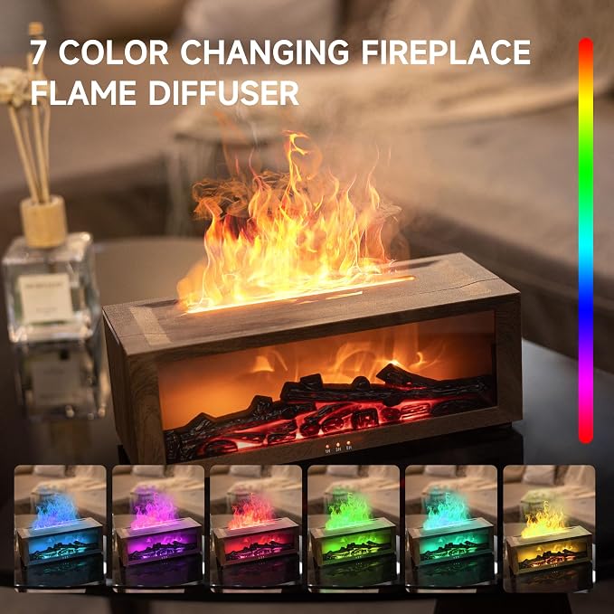 TMEHM Fireplace Flame Essential Oil Diffuser Humidifier, Aromatherapy | Ultrasonic Mist with 7 Colors and Timer for Home, Bedroom, Office, and Yoga