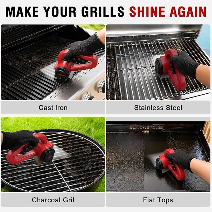Electric Grill Brush, Rechargeable BBQ Grill Brush with High-Torque Motor, LED Light, Dishwasher-Safe Stainless Steel Rotary Brush Head,150 Mins Runtime Grill Brush for Outdoor Grill