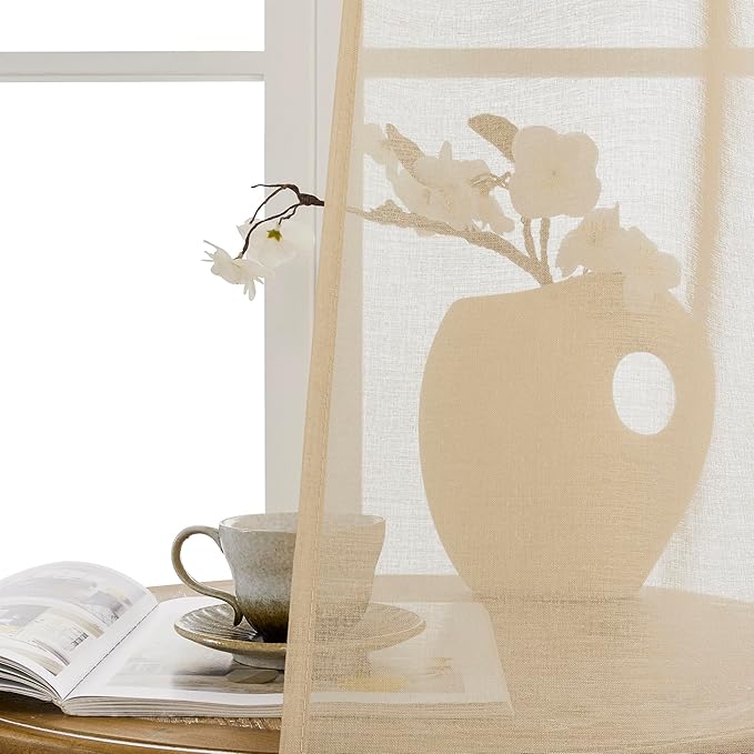 Tollpiz Sheer Door Curtains Closet Linen Textured Curtain Sheers Doorway Light Filtering Voile French Door Rod Pocket Curtains Patio Glass Door, 54 x 63 inches Long, Beige, Set of 1 Panel