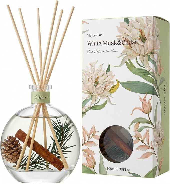 Cedarwood & White Musk Reed Diffuser, 3.34 Fl Oz | Luxury Hotel-inspired Scent,Air Fresheners for Bedroom, Bathroom, Living Room or Office; Gift-ready