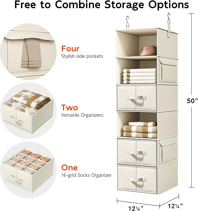 Vailando 6-Shelf Hanging Closet Organizer with 3 Fabric Drawers, Beige | Removable Fabric Drawers, Side Pockets, Reinforced Structure, Space-Saving Storage for Clothes, Nursery and Dorm Rooms