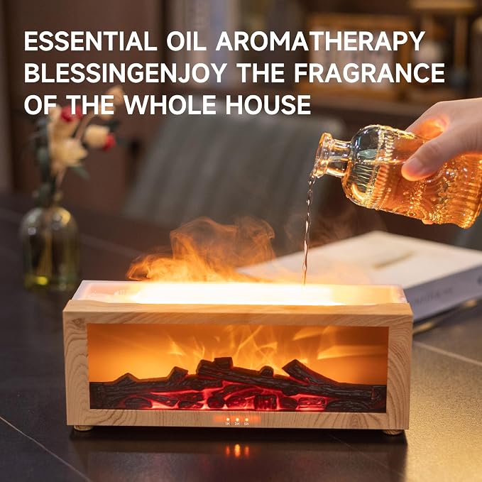 TMEHM Fireplace Flame Essential Oil Diffuser Humidifier, Aromatherapy | Ultrasonic Mist with 7 Colors and Timer for Home, Bedroom, Office, and Yoga