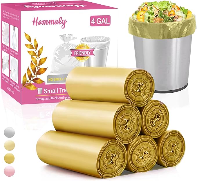 4 Gallon 180pcs Small Gold Trash Bags Strong Golden Garbage Bags, Bathroom Trash Can Bin Liners, Gold Plastic Bags for Home Office, Waste Basket Liner, Fit 12-15 Liter, 3.5,4,4.5 Gal（Golden 180）