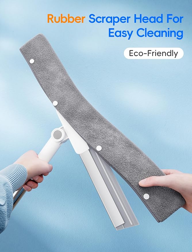 Floor Squeegee Broom with Long Handle, Heavy Duty Rubber Squeegee Kit, Scrubber for Tile Floor, Garage, Concrete with 2 Replacement Heads & 1 Cloth (3-in-1 Set)